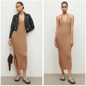 ALLSAINTS Lexi Halter Ribbed Knit Dress in Praline Metallic Size L